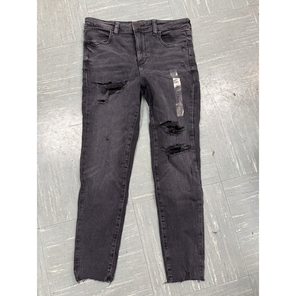 NWT American Eagle Jeans Women's 10 Charcoal Hi-Rise Jegging DIstressed Raw Hem